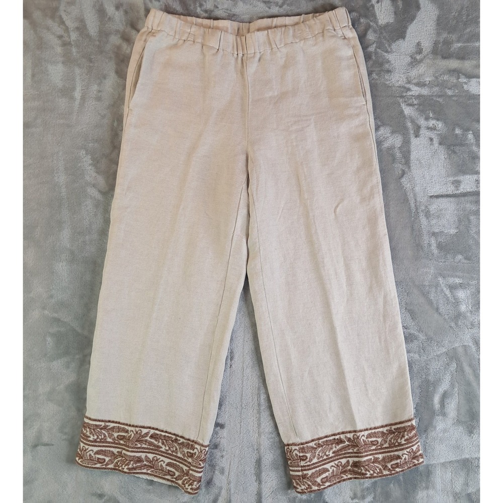 J Jill Womens XS Beige Linen Embroidered Hem Crop Wide Leg Pants Pull On Resort